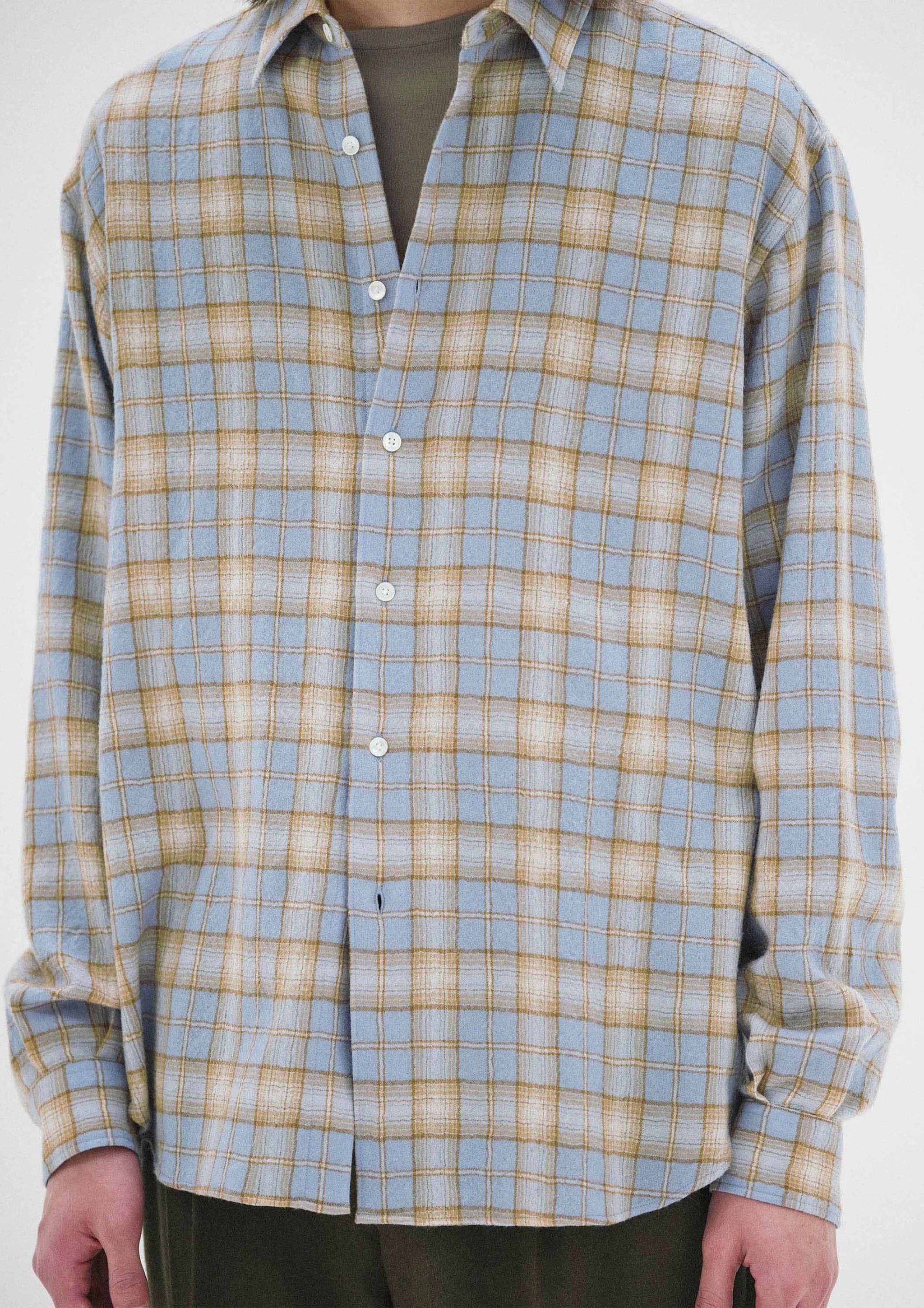 AURALEE - AIRY WOOL CHECK SHIRT LIGHT BLUE X BEIGE – SOLAR MTP