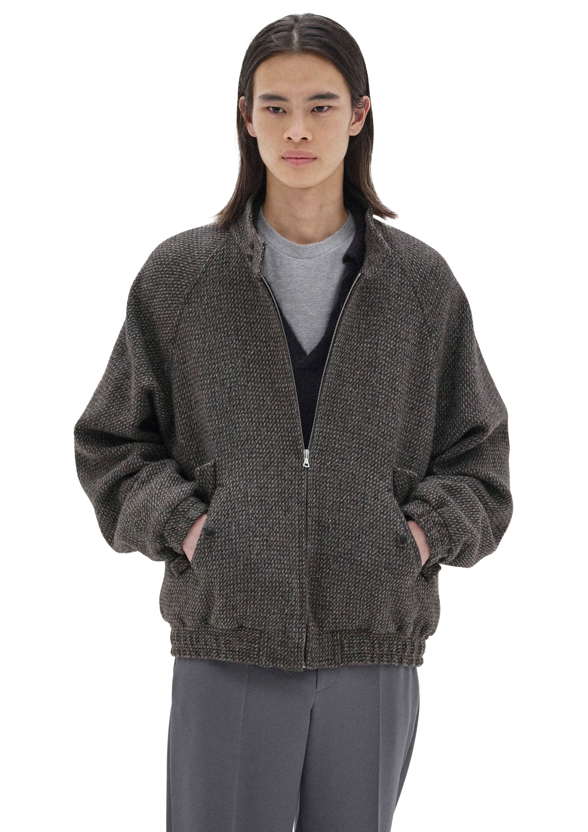 AURALEE - ALPACA WOOL SILK TWEED ZIP BLOUSON GRAY BROWN HAIRLINE