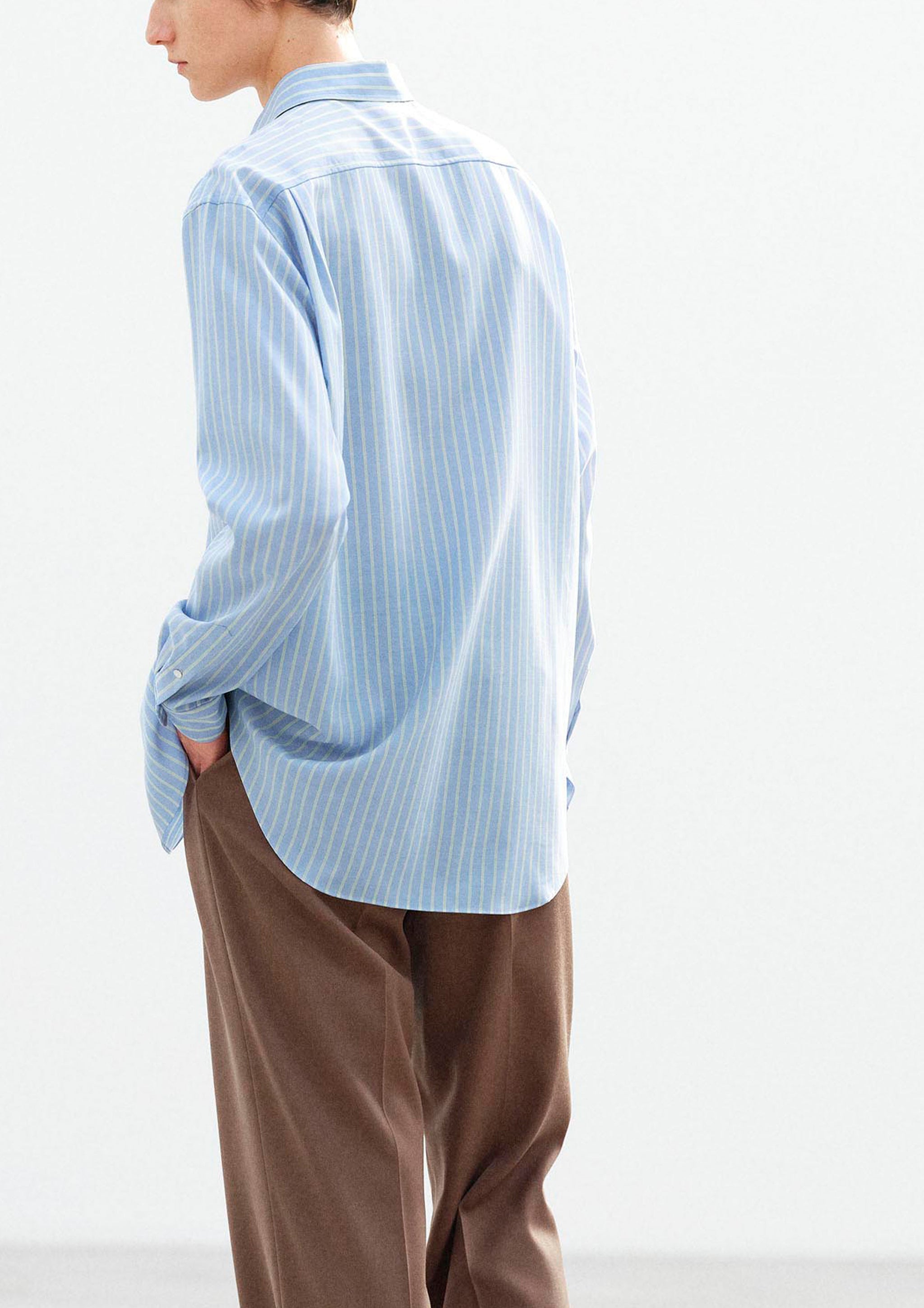 AURALEE - SUPER FINE WOOL STRIPE SHIRT SAX BLUE LIME STRIPE