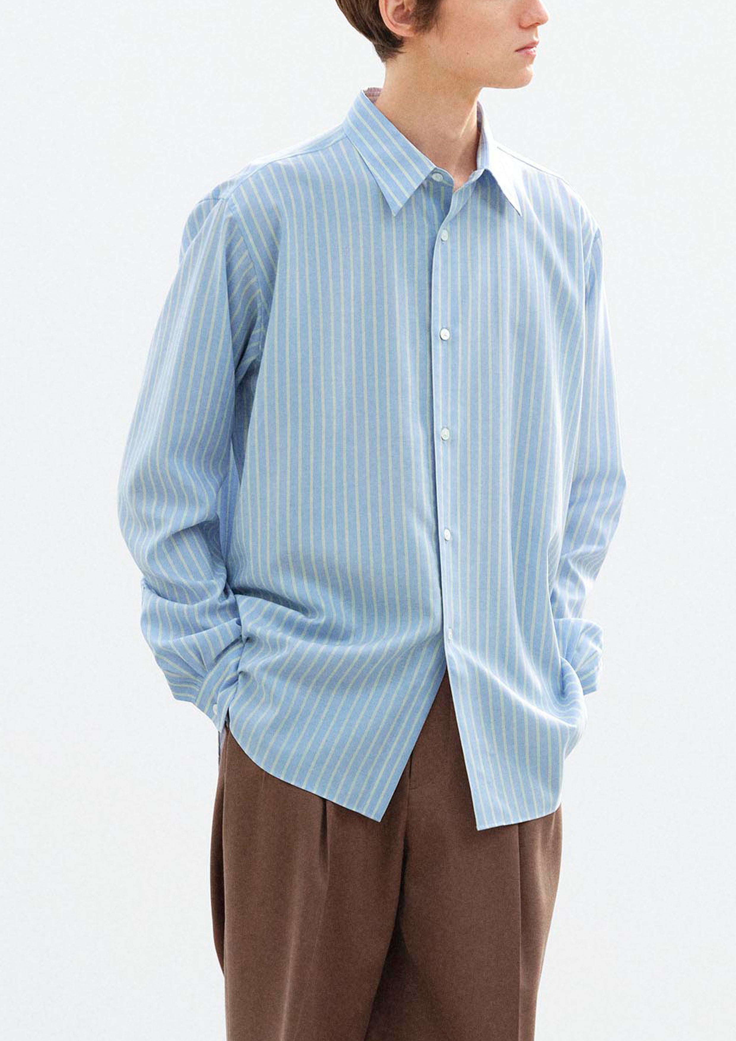 AURALEE - SUPER FINE WOOL STRIPE SHIRT SAX BLUE LIME STRIPE