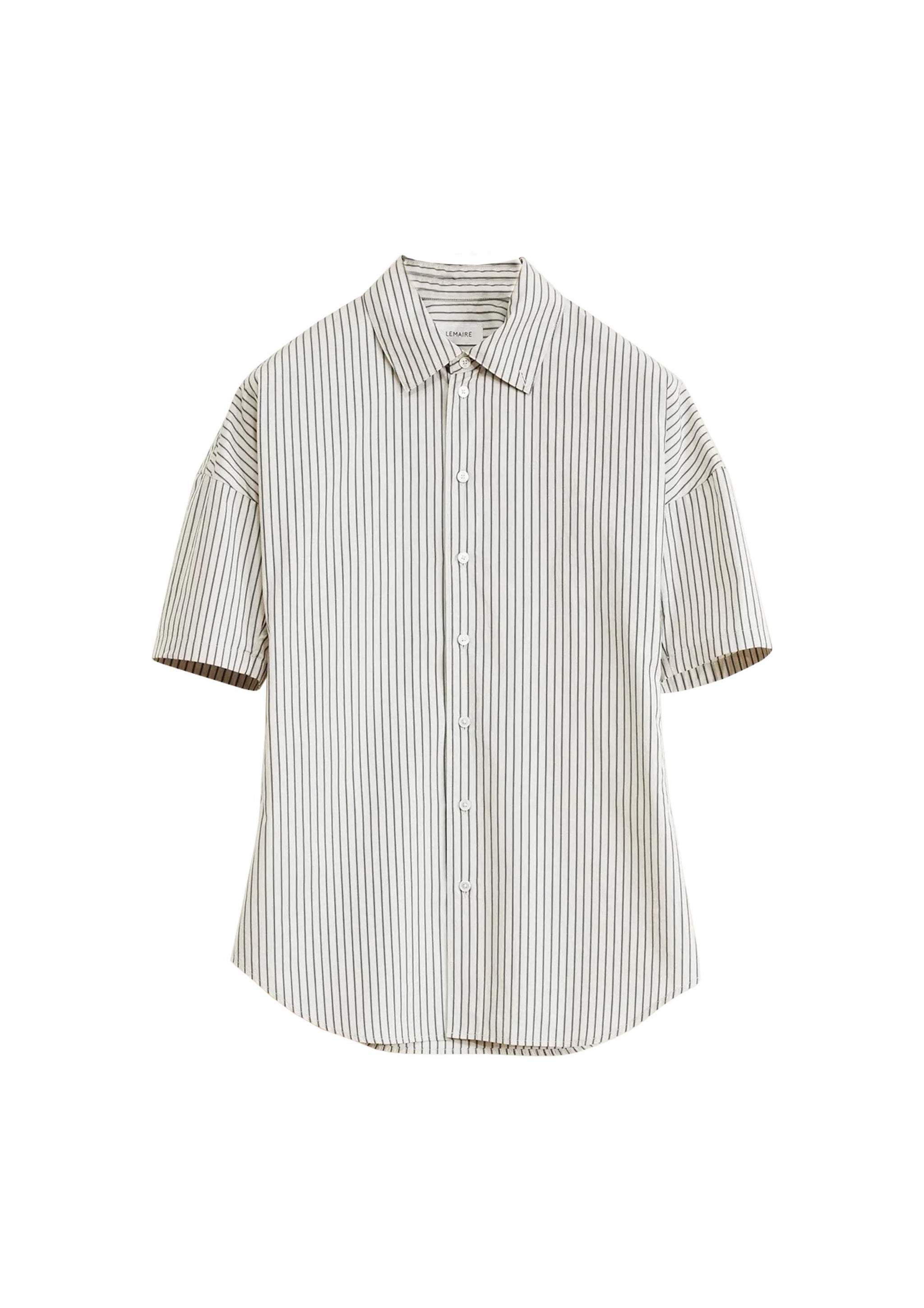 LEMAIRE - SHORT SLEEVE FITTED SHIRT MASTIC / NAVY / WHITE