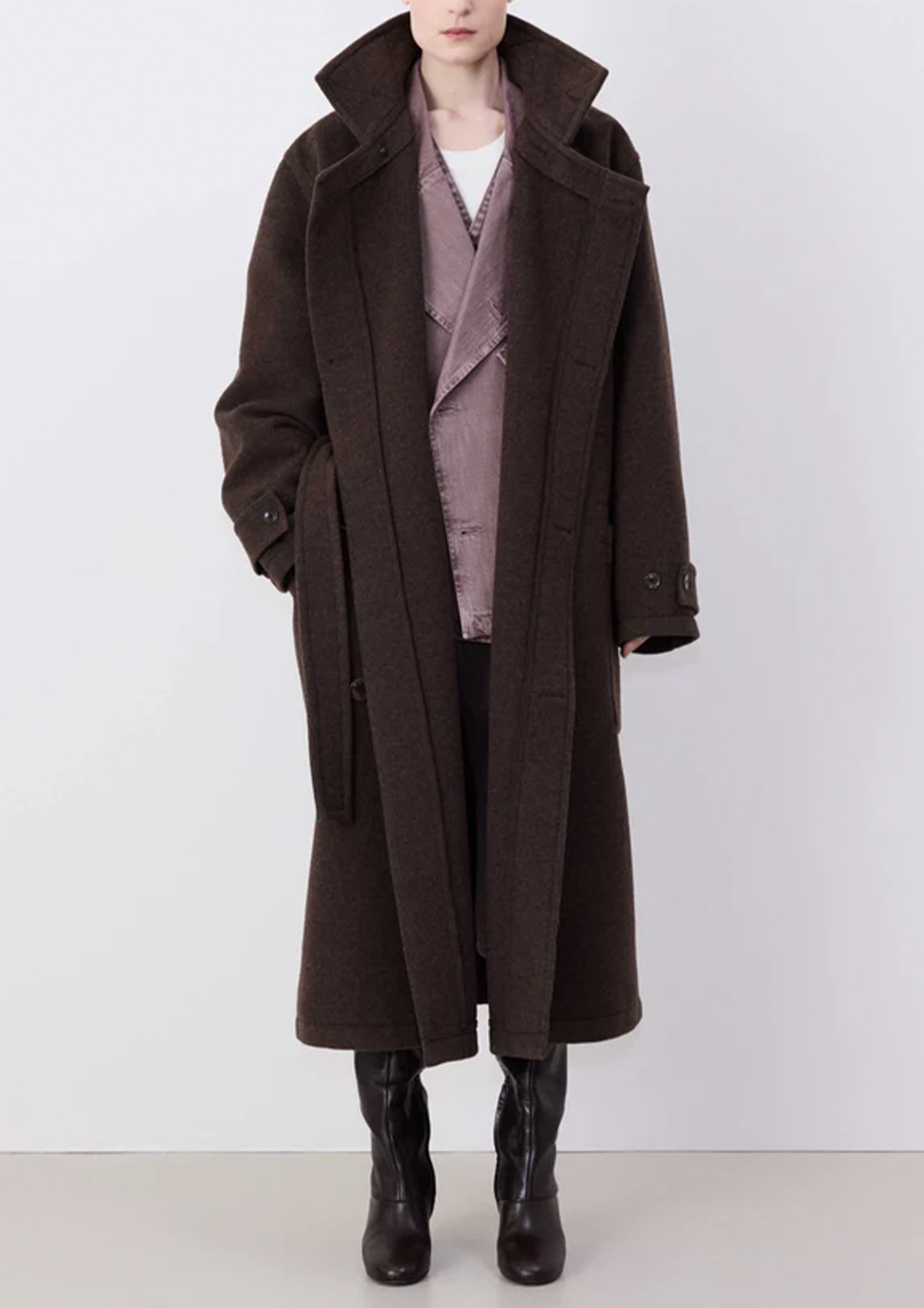 LEMAIRE - WRAP COAT WITH CONTRAST STITCH BROWN CHINE – SOLAR MTP